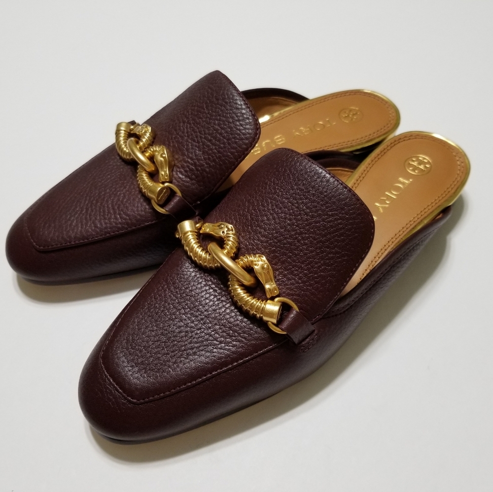 NWOB Tory Burch Jessa Leather Backless Loafer Mules in‎ Fig (Burgundy) Size 6